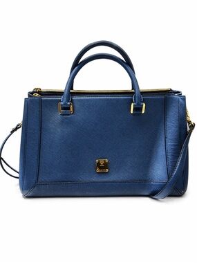 MCM Blue Leather Structured Top-Handle Satchel with Gold Hardware